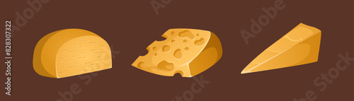 Different types of cheeses vector set on a brown background. Colorful and bright set in realistic style. Four cheeses: cheddar, parmesan and maasdam. Slices and rat of cheese. Ideal for posters and