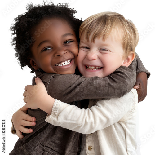 African child and Caucasian child hugging each other, transparent background