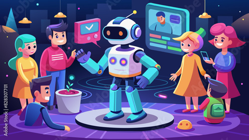 A playful vector of a robot avatar interacting with other users in a metaverse marketplace.