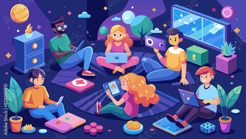 A whimsical vector of a group of friends playing games together in a virtual hangout space.