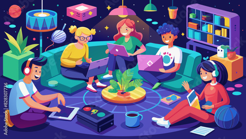 A whimsical vector of a group of friends playing games together in a virtual hangout space.