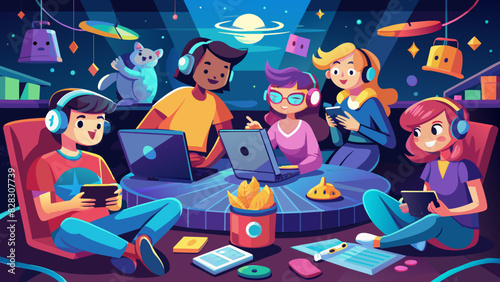 A whimsical vector of a group of friends playing games together in a virtual hangout space.