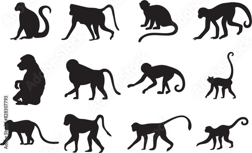 Ape and Monkey collection in different poses and style. Video games  kids objects and apps reuse for. Set of Monkey Silhouette in high quality.