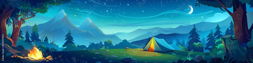 illustration of night scene of Camp site with camp tent and camp fire in the pine forest, there is a huge mountain at background. illustration of night scene of Camp site with camp tent and camp fire in the pine forest, there is a huge mountain at background.