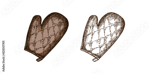 Hand-drawn colored and monochrome vector sketch of potholders mitten. Doodle vintage illustration. Decorations for the menu. Engraved image.