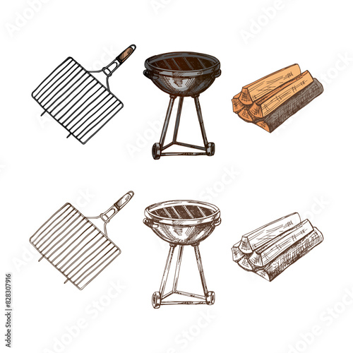 A set of hand-drawn colored and monochrome sketches of barbecue and picnic elements, barbecue grill, firewood. For the design of the menu, grilled food.