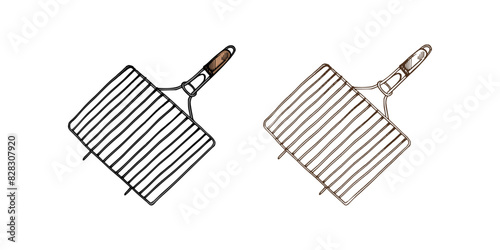 Hand-drawn colored and monochrome vector sketch of barbecue grill, grill grate, BBQ grill grid. Vintage illustration. Decorations for the menu. Engraved image.
