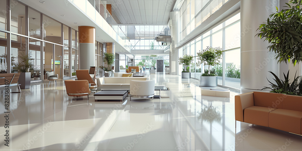 Modern corporate office reception lobby without people bright environment. Modern corporate office reception lobby without people bright environment.