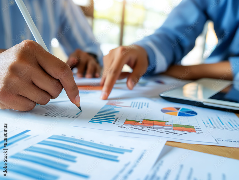 Close-up of hands analyzing financial charts on documents, concept of business analysis. Generative AI Close-up of hands analyzing financial charts on documents, concept of business analysis. Generative AI