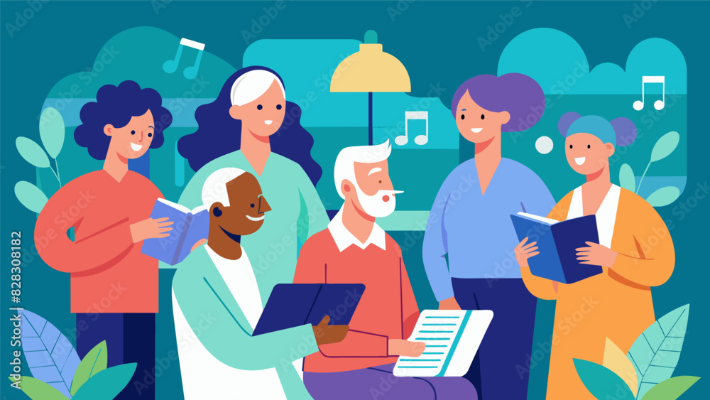 In a nursing home a team of researchers conducts a study on the effectiveness of music therapy in reducing symptoms of dementia in elderly residents.. Vector illustration In a nursing home a team of researchers conducts a study on the effectiveness of music therapy in reducing symptoms of dementia in elderly residents.. Vector illustration
