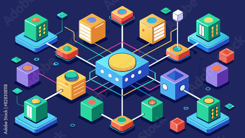 A detailed vector graphic of a blockchain network with blocks connected and data flowing through.