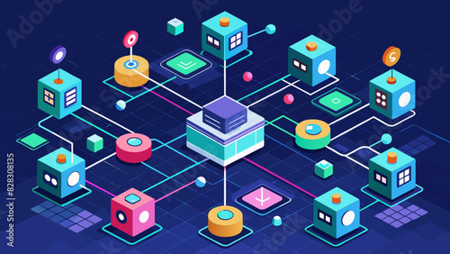A detailed vector graphic of a blockchain network with blocks connected and data flowing through.