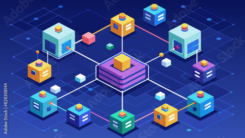 A detailed vector graphic of a blockchain network with blocks connected and data flowing through.