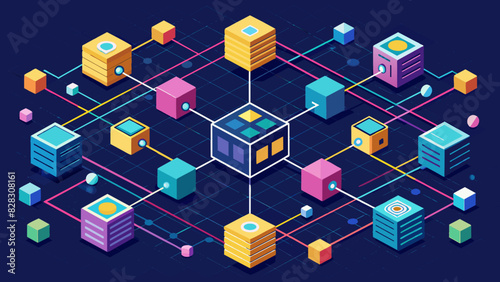 A detailed vector graphic of a blockchain network with blocks connected and data flowing through.