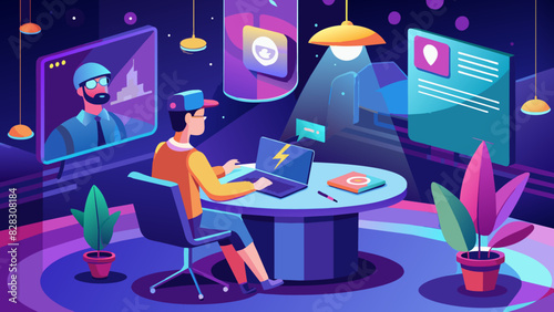 A whimsical vector of a person attending a virtual job interview in a professional metaverse space.