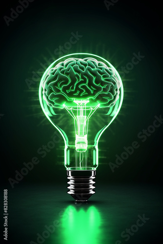 A glowing green lightbulb with a brain inside, representing creativity, innovation, and ideas. Ideal for business and technology themes.