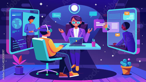 A whimsical vector of a person attending a virtual job interview in a professional metaverse space.