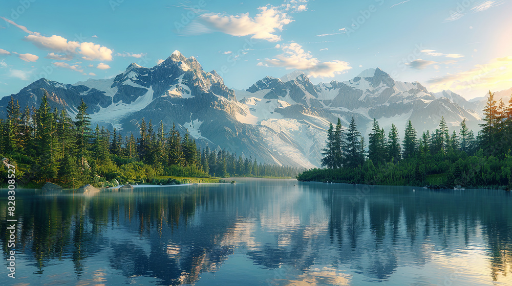 Photorealistic Serene Mountain Sunrise with Snow-Capped Peaks and Reflective Lake