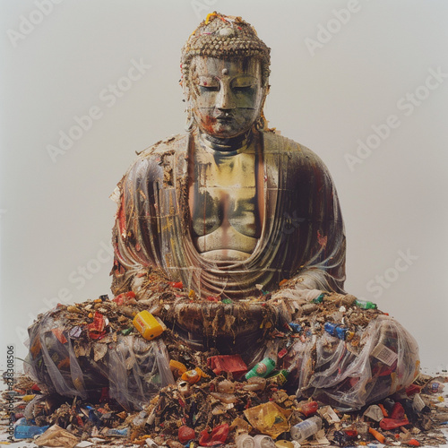 imaginery statue of buddha burst into pieces of rubbish of modern life photo