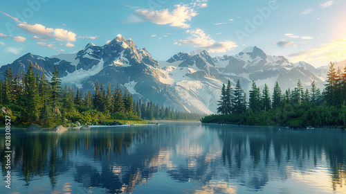 Photorealistic Serene Mountain Sunrise with Snow-Capped Peaks and Reflective Lake