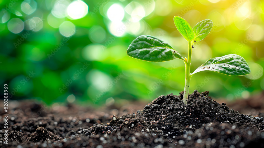 Young plant growing in soil against a blurred green background, embodying the concept of growth and eco-friendliness. Generative AI