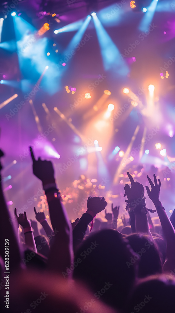 custom made wallpaper toronto digitalVibrant concert scene with colorful stage lights and an enthusiastic crowd raising hands during a live music performance.