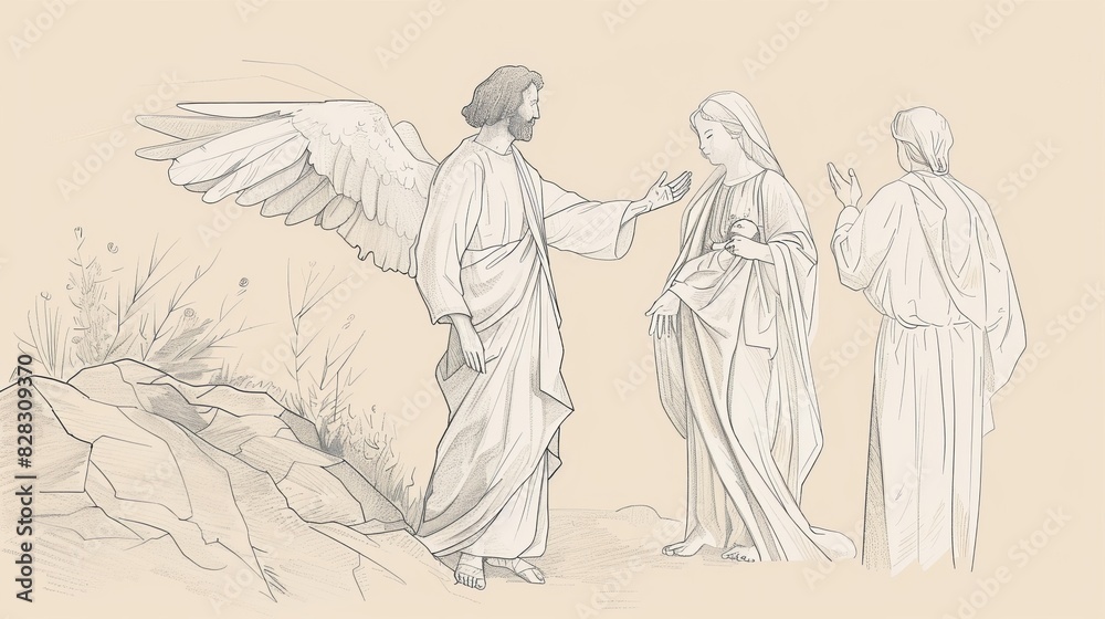 Fototapeta premium Angel Appears to Gideon, Mighty Warrior Call, Saving Israel, Biblical Illustration, Beige Background, Copyspace