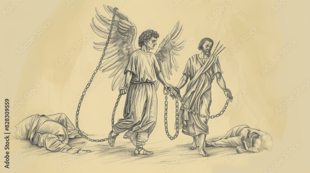 Obraz premium Angel Leads Peter Out of Prison, Chains Fall, Guards Asleep, Biblical Illustration, Beige Background, Copyspace