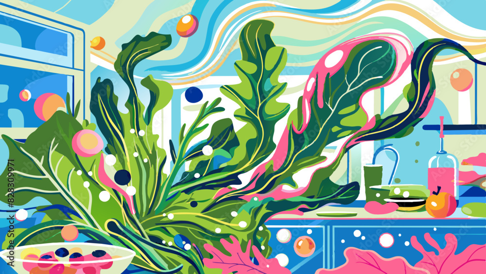Fototapeta premium Tropical Paradise Kitchen Illustration with Lush Greenery and Vibrant Colors