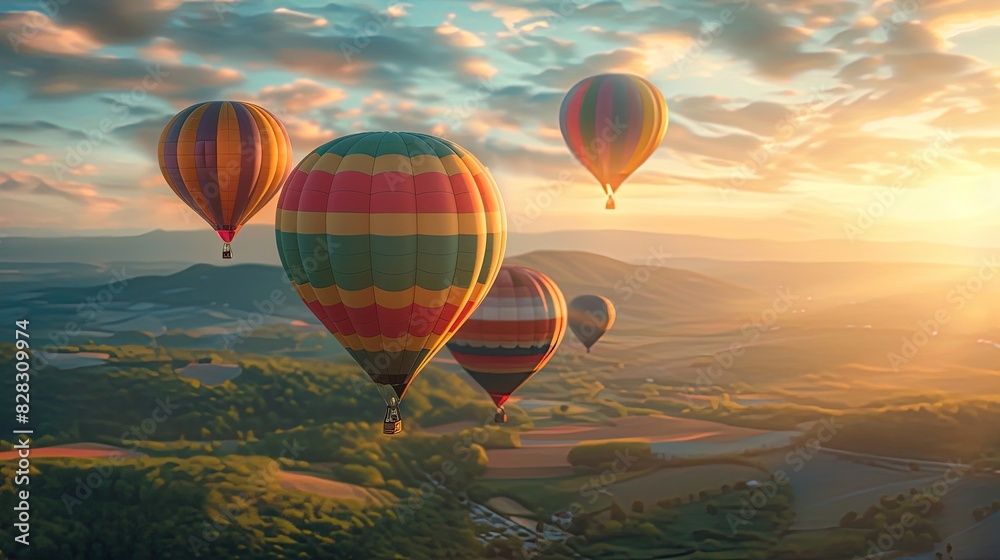 Fototapeta premium a group of hot air balloons flying over a canyon. Colourful hot air balloon floating over distant fields and meadows covered with fog on sunny sunrise.