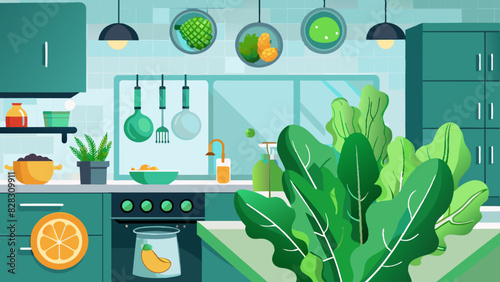 Modern Green Kitchen Interior with Houseplants Illustration