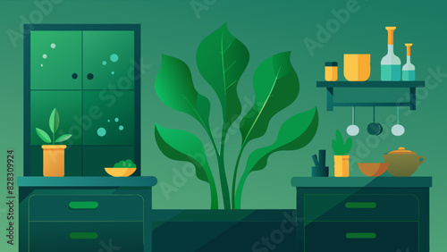 Modern Kitchen Interior with Houseplants and Green Cabinets