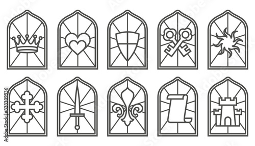Church glass windows. Gothic vector arch frame with medieval symbols. Vintage architecture elements. Stained mosaic decoration set with crown, heart, shield and sword