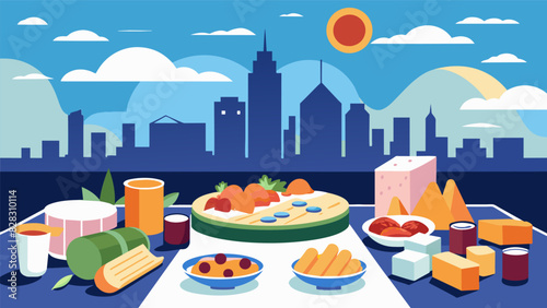 A rooftop party complete with a gourmet cheese and charcuterie spread as well as an array of crudité and artisanal dips all against the backdrop of a. Vector illustration