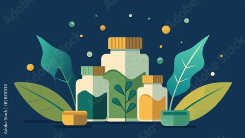 Herbal Supplements and Natural Medicine Bottles with Green Leaves