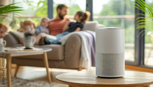 Modern living room with an air purifier in the foreground and a happy family in the background, enjoying a comfortable and clean environment.