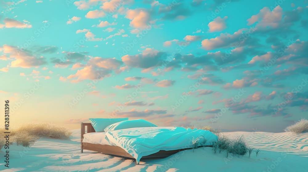 Lonely bed stand on grass dune hill with beautiful sky, surreal dreamlike landscape, minimal background, creative scene, Desert scene with furniture