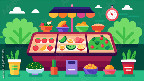 Discover your new favorite salad combination at our interactive salad bar stocked with a wide selection of fresh ingredients.. Vector illustration