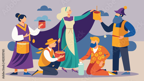 The scent of fresh paint fills the workshop as the seniors put the finishing touches on their handcrafted costumes.. Vector illustration