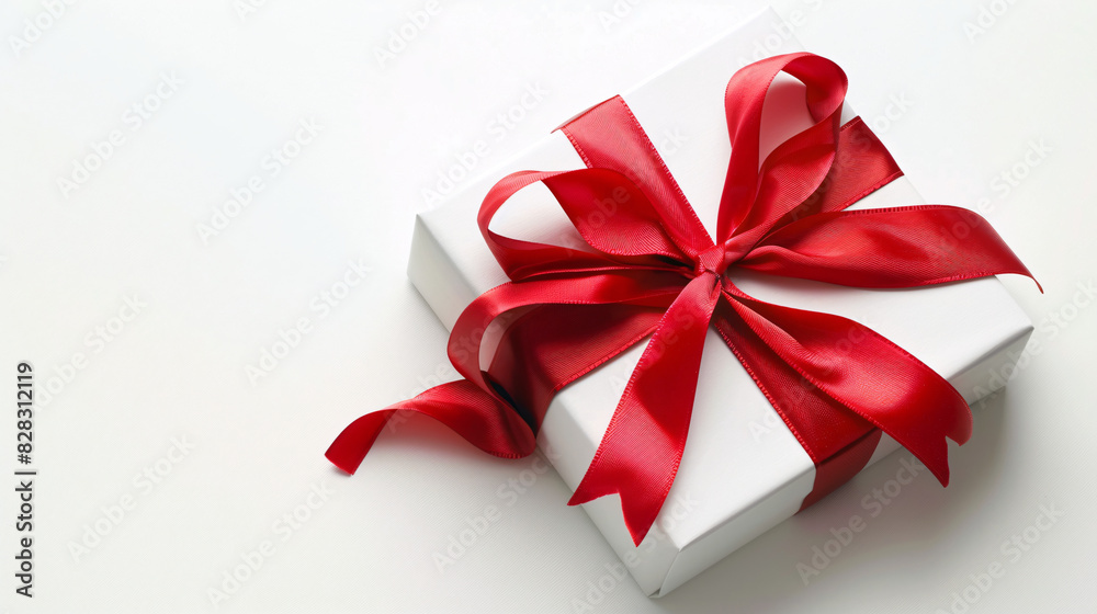White gift box with red ribbon on white background. Festive white gift box adorned with a vibrant red ribbon, perfect for holiday, birthday, or special occasion themes. White gift box with red ribbon on white background. Festive white gift box adorned with a vibrant red ribbon, perfect for holiday, birthday, or special occasion themes.