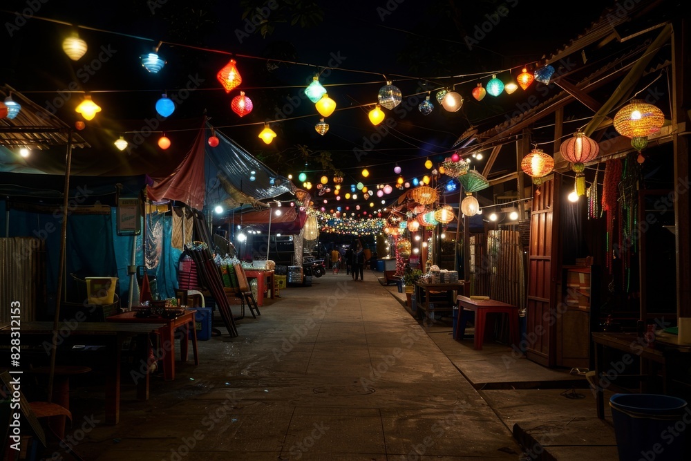 Brightly lit lanterns hang over a narrow alley in a market