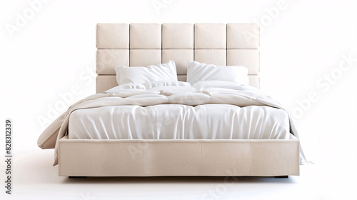 Comfortable bed isolated on white background. Empty modern bed with white bedding and stylish headboard isolated on a white background. Front view