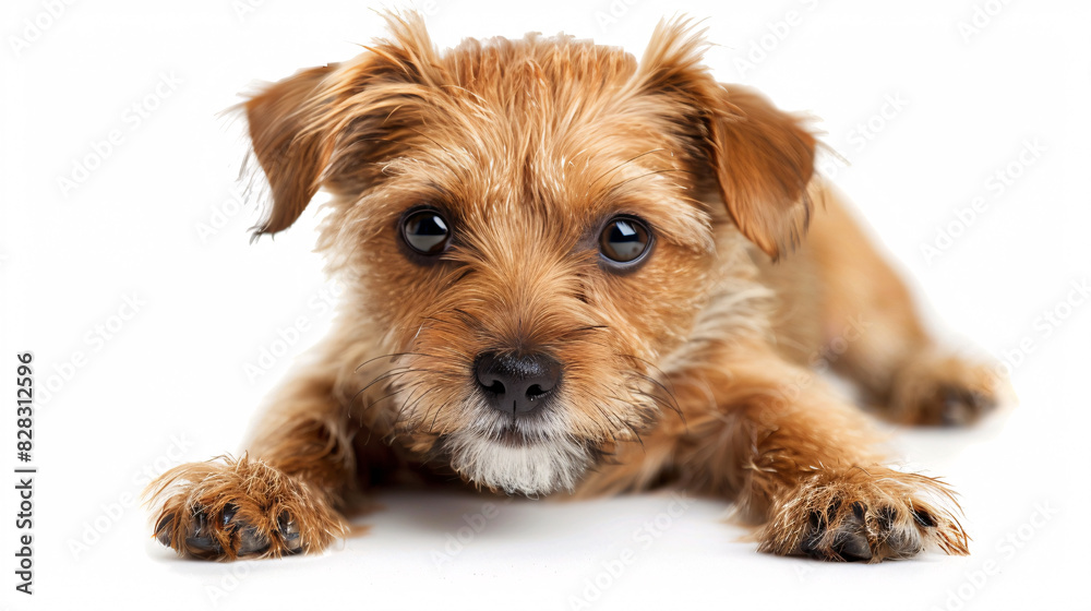 Adorable puppy dog portrait. A cute brown puppy dog rests its head on a white background with paws outstretched, looking at the camera with big brown eyes. Adorable puppy dog portrait. A cute brown puppy dog rests its head on a white background with paws outstretched, looking at the camera with big brown eyes.