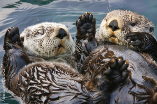 Two otters that are swimming in the water, animal background 