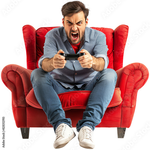 Man sitting while playing game with angry expression, transparent background
