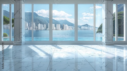 Floor window overlooking the pool  marble floor. Generative AI.