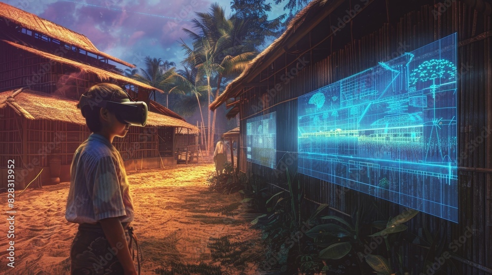 A virtual reality experience transports a user to a remote village allowing them to experience the daily life and routines of the local people. A virtual reality experience transports a user to a remote village allowing them to experience the daily life and routines of the local people.