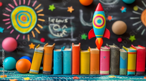 Colorful rocket ship toy launching over a row of books with a chalkboard background, symbolizing education, imagination, and exploration.