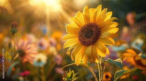 Close-up of a radiant sunflower bathed in golden sunlight, standing tall among a backdrop of blooming flowers photo