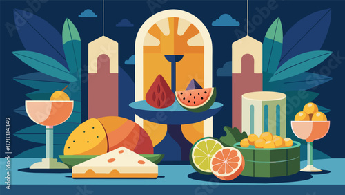 Embark on a journey of lavishness with a refined snack experience showcasing exotic fruits and imported cheeses in a chic setting.. Vector illustration